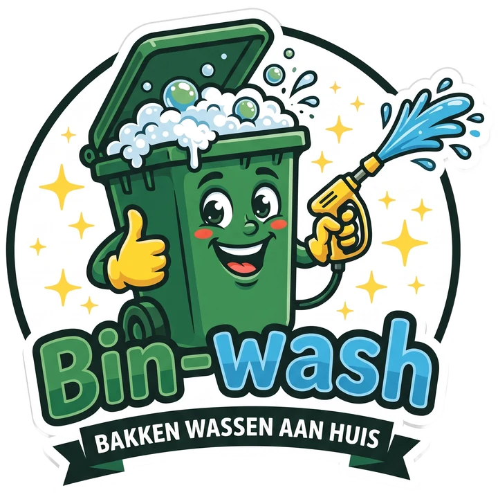 Bin-wash: een lachende groene bak met schuim en een hogedrukspuit. Bakken wassen aan huis.